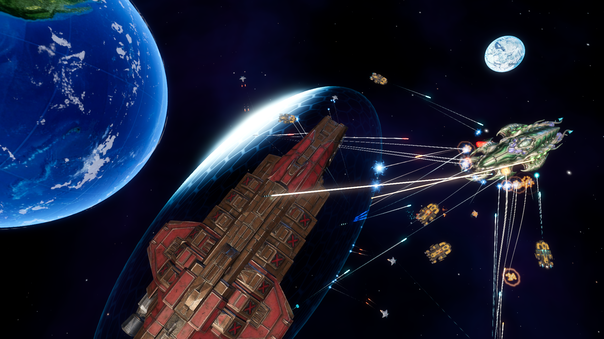 Carrier and fighters exchanging fire above a blue planet