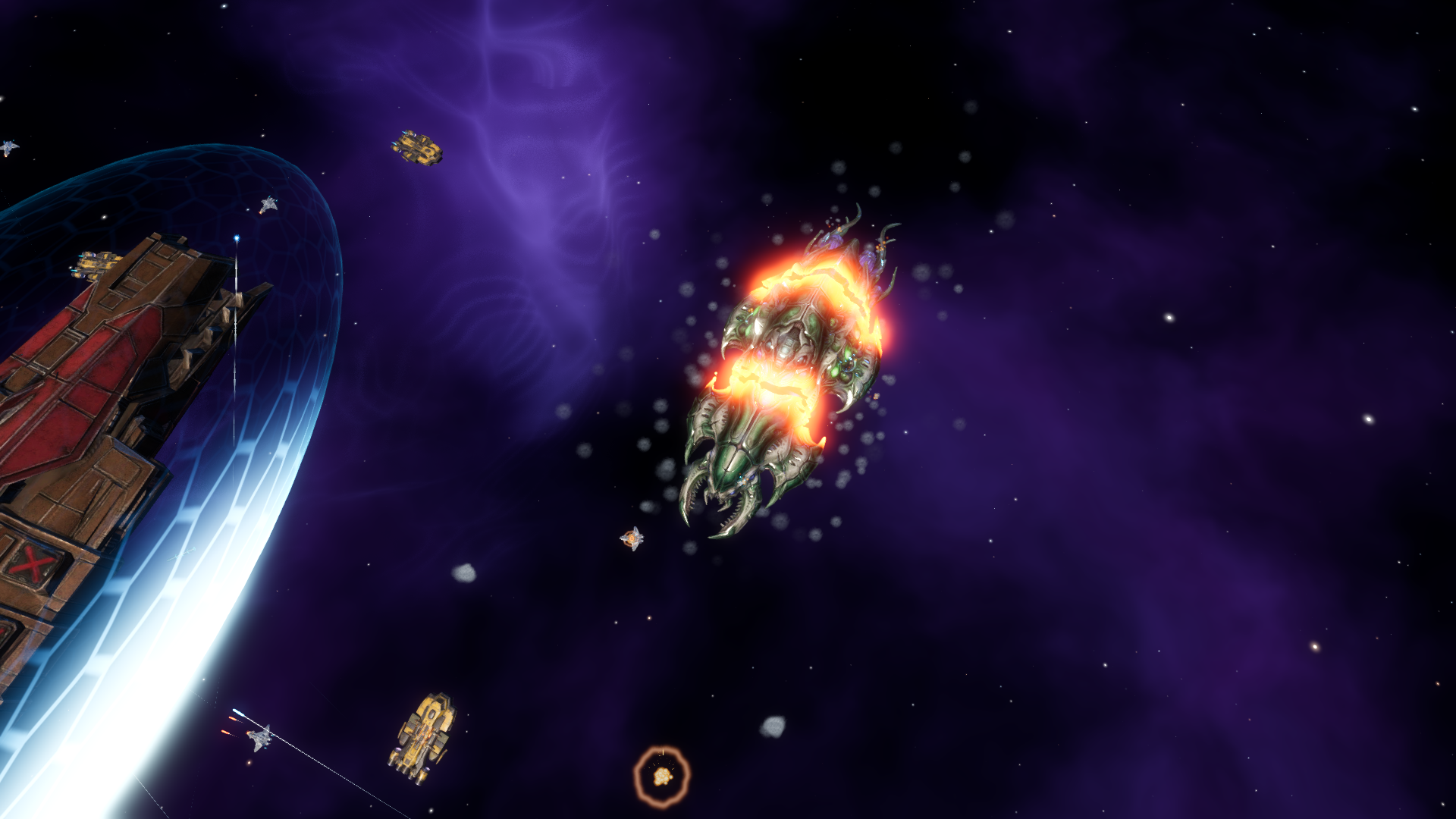 Alien flagship breaking apart with explosions against a purple nebula